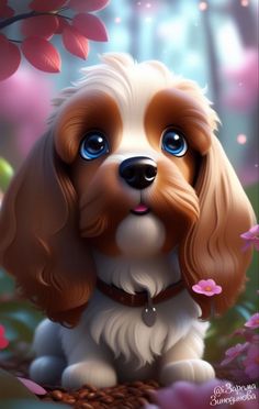 a dog with blue eyes is sitting in the grass and has pink flowers around it