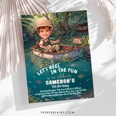 a birthday party flyer with a boy in a boat on the water and palm trees