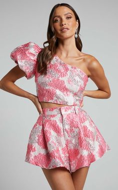 Brailey Two Piece Set - One Shoulder Puff Sleeve Top and Shorts Set in Light Pink Jacquard | Showpo USA Pink Two Piece Set, Little Miss Perfect, Shoulder Puff Sleeve, Senior Picture Outfits, Senior Pics, Puff Sleeve Top, Two Piece Set, Two Piece Sets, Shorts Set