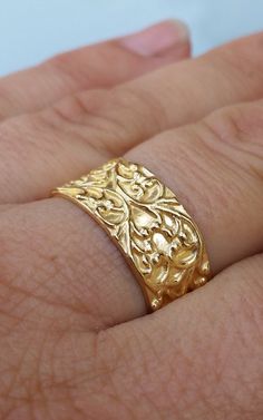 Gold Wedding Band Unique Wedding Band Textured Gold Ring | Etsy Elegant Ceremonial Rings With Intricate Design, Ceremonial Elegant Rings With Intricate Design, Ceremonial Rings With Intricate Design, Elegant Yellow Gold Filigree Ring For Ceremonial Occasion, Elegant Yellow Gold Filigree Ring For Marriage, Victorian Gold Rings For Marriage, Engraved Yellow Gold Filigree Wedding Ring, Elegant Ceremonial Engraved Ring With Filigree, Victorian Engraved Ring With Decorative Band For Anniversary