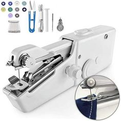 the sewing machine is being used to sew on clothes and other items that include scissors