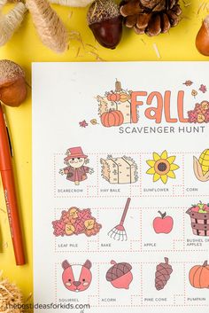 a fall scavenger hunt is shown on a table with autumn decorations and pencils