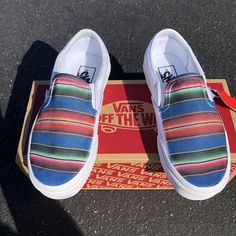 Mexican Blanket Colorful Slip On Vans – BlvdCustom Western Painted Vans, Mexican Blanket Pattern, Custom Vans Slip On, Custom Slip On Vans, Hand Painted Vans, Custom Vans Shoes, Vans Slip On Shoes, Painted Vans, Slip On Vans