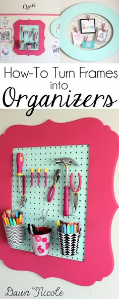 an organized peg board with scissors and other crafting supplies on it, in the shape of a pink frame