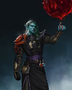 a man with green hair and blue skin holding a red object in his hand while standing on a dark background