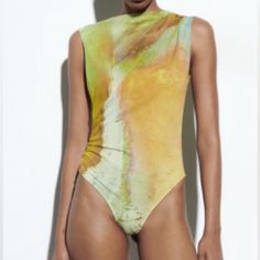 Zara Draped Tulle Bodysuit. Nwt Zara Green Summer Bodysuit, Zara Green Stretch Bodysuit, Green Stretch Bodysuit By Zara, Zara Green Fitted Bodysuit, Yellow Stretch Bodysuit For Party, Yellow Spring Party Bodysuit, Yellow Fitted Sleeveless Bodysuit, Fitted Yellow One-piece Bodysuit, Yellow Stretch Sleeveless Bodysuit