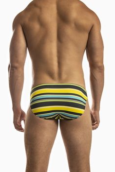 Jack Adams Multi Stripe Low Rise 1" Swimsuit Be bold in or out of the water wearing this colorfully Multi-Stripe printed swim brief. Eco friendly style is durable, chlorine resistant fabric that won't fade or stretch out any time soon. Drawstring waistband with a contour pouch that is lined and includes a small inner pocket to cradle your jewels and to keep everything in place as you swim. UV50+ sun protection Sizing: True to size. Model is wearing size medium. Fit: Low-rise pouch. Pouch: Double Swim Brief, Printed Swim, Eco Friendly Fashion, Be Bold, Drawstring Waistband, Stripe Print, Yellow Black, Caribbean Netherlands, Sun Protection