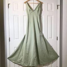 Beautiful And Elegant Deep-V Dress In Mint Green. Strap Tie Back. Hidden Side Zipper. Fully Lined. 100% Polyester. Brand New. Never Worn. Length From Underarm To Hem Is Approx 53” Green Lined V-neck Dress, Green V-neck Lined Maxi Dress, Green Stretch V-neck Sleeveless Dress, Deep V Dress, Vera Wang Dress, Maid Dress, Vera Wang, Tie Backs, Mint Green