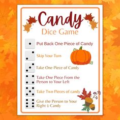 a candy dice game with autumn leaves and pumpkins on it, in front of an orange background