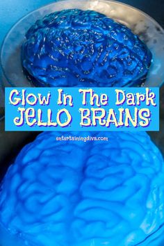 glow in the dark jello brain cake on a plate with text overlay that says glow in the dark jello brain