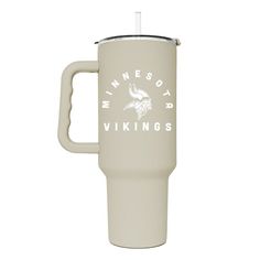 a white travel mug with minnesota viking logo on the front and side, sitting against a white background