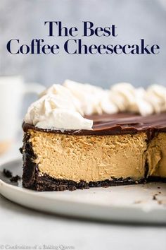 the best coffee cheesecake is on a plate with a cup of coffee in the background