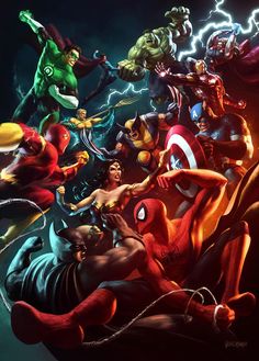 the avengers and spider - man characters are depicted in this painting