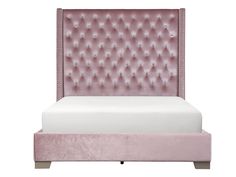 a bed with pink velvet upholstered headboard and foot board, on a white background