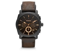 Elevate your style with the Fossil men's machine brown leather strap watch. This timepiece features a dark brown dial with luminous hands and tan stick indices, complemented by a brown leather strap with a traditional buckle closure. Its chronograph function and date window add practicality to its rugged design. From Fossil. Timeless Brown Watch With Subdials, Modern Brown Analog Watch, Modern Brown Analog Display Watch, Modern Brown Watch With Metal Dial, Brown Metal Dial Business Watch, Brown Chronograph Watch With Round Dial For Outdoor, Masculine Brown Watch Accessories With Subdials, Brown Watch Accessories With Subdials, Modern Brown Watch With Round Dial