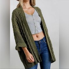 Beautiful Relaxed Fit Cardigan By Umgee! Comes In S/M Or M/L And Is Made From The Softest Knit Fabric (100% Polyester). Casual Knitted Outerwear One Size, Oversized Cotton Cable Knit Cardigan, Green Cable Knit Cardigan For Fall, Oversized Cable Knit Cotton Cardigan, Casual Knitted Cardigan, Casual Green Cable Knit Sweater Coat, Trendy Green Knit Sweater Coat, Oversized Cable Knit Cardigan For Spring, Trendy One Size Knit Cardigan