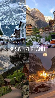 the collage shows several different pictures of mountains and houses in switzerland, with snow covered mountains behind them