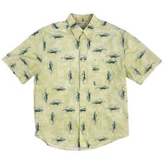 "Short sleeve cotton button down shirt with fish themed print. Pocket on chest. Button collar.  condition: excellent  color(s): beige, cream, olive green fabric(s): 100% cotton   brand: Natural Issue care: machine wash  estimated size: Medium (marked on tag) ✩ size is estimated - please double check measurements for best fit  ✩ all measurements are taken with the item laying flat chest: 47\" / 119.5cm length: 26\" / 66cm sleeves: 10.5\" / 26.5cm shoulders: 20\" / 51cm ------- ✩ please read all o Short Sleeve Cotton Shirt With Fish Print, Cotton Short Sleeve Shirt With Fish Print, Olive Green Fabric, Mens Fishing Shirts, Mens Oxfords, Fishing Shirts, Green Fabric, Sleeve Cotton, Button Downs