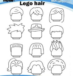 the lego hair coloring page is shown in black and white, with an image of several different