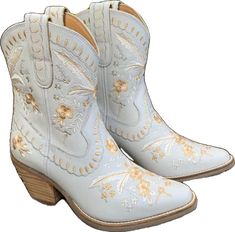 Dingo Women's Primrose White Cowgirl Ankle Booties DI748-Painted Cowgirl Western Store Floral Embroidery Boots For Spring Festival, Floral Embroidered Boots For Spring Festival, Spring Festival Embroidered Boots, Embroidered Boots For Spring Festivals, Bohemian Boots With Floral Embroidery For Fall, Bohemian Round Toe Boots With Floral Print, Bohemian Fall Boots With Floral Embroidery, Bohemian Floral Print Round Toe Boots, Bohemian Floral Embroidered Boots For Fall