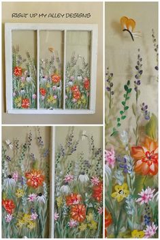 three pictures of flowers painted on the side of a wall and in front of a window