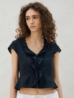 Composition : cotton 100%Color : S_BK,M_BKCountry of Origin : Republic of Korea Fitted Black Linen Top, Black Linen Short Sleeve Tops, Linen V-neck Tops With Ruffles, Short Sleeve Linen Blouse With Ruffles, Black Short Sleeve Cotton Blouse, Black Relaxed Fit Cotton Blouse, Linen Ruffled Short Sleeve Blouse, Black Linen Tops For Workwear, Black Linen Top For Workwear