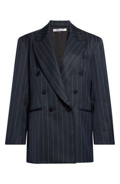 This season, LaQuan Smith gets inspired by the sartorial language of '80s Wall Street and expands his collection with daywear separates like this runway-featured pinstriped blazer. The double-breasted style in an oversized boyfriend silhouette brings the label's signature after-hours attitude to the 9-to-5 style. Double-breasted button closure Peaked lapels Four-button cuffs Chest welt pocket; front welt pockets 100% polyester Dry clean Made in the USA Designer Clothing Luxury Striped Outerwear For Formal Occasions, Luxury Striped Formal Outerwear, Elegant Spring Blazer With Vertical Stripes, Elegant Vertical Stripe Outerwear For Spring, Elegant Spring Outerwear With Vertical Stripes, Formal Spring Outerwear With Vertical Stripes, Formal Striped Outerwear For Spring, Striped Formal Outerwear For Spring, Spring Formal Outerwear With Vertical Stripes