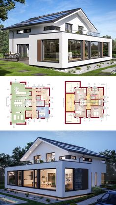 two story house plans with different levels and floor plans for each room in the house