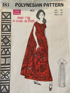 a woman's dress pattern from the 1950's is shown in red and black