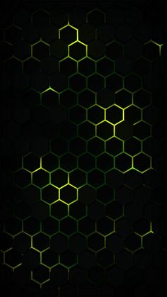 a black background with green hexagonals on the bottom and yellow lines in the middle