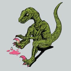 a drawing of a dinosaur eating something pink on a gray background with the words, don't touch it