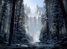 a painting of a waterfall in the middle of a forest with snow on the ground