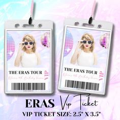 two tags that say the eras tour and one has a woman's face on it