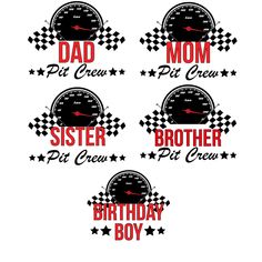 four stickers with the words,'happy birthday boy'in red and black