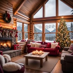 a living room filled with furniture and a fire place in front of a christmas tree