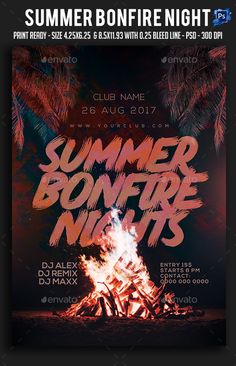 a flyer for a summer bonfire night with fire and palm trees