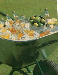 a wheelbarrow filled with lots of bottles and lemons on top of grass