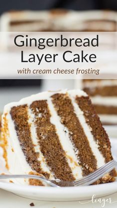 a slice of gingerbread layer cake with cream cheese frosting on a white plate