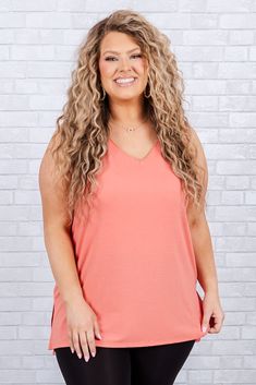 Chic Soul plus size clothing, deep coral v-neck tank top Trendy Orange Tops For Layering, Versatile Pink Tank Top For Summer, Versatile Pink Summer Tank Top, Trendy Stretch Peach Top, Pink Versatile Summer Tank Top, Pink Tank Top For Summer, Pink Summer Tank Top, Versatile Pink Stretch Tank Top, Trendy Peach Tank Top