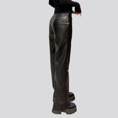 Bring a retro-futuristic trend to your wardrobe with our 2023 Autumn-Winter Collection of Y2K Pu-leather Jeans Pants for women! With a high-waisted silhouette. straight black design. and front seam detailing. these jeans are as stylish as they are traditional. Plus. the zipper and button closure ensures that you can adjust the fit for the perfect look and feel.Distinctive Features: Y2K Style: These wax jeans pants bring the iconic Y2K mode to your wardrobe. the perfect blend of nostalgic chic an Trendy Black Wide Leg Leather Pants, Trendy High Waist Faux Leather Pants, Trendy Leather Trousers For Streetwear, Fitted Leather Pants For Streetwear, Trendy High Rise Winter Pants, High Waist Black Leather Pants For Streetwear, Winter Streetwear Leather Pants Straight Leg, Modern Black Pants For Party, Chic Winter Streetwear Bottoms