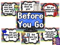 the before you go posters are displayed in different colors and styles, with text on them