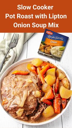 slow cooker pot roast with lipton onion soup mix in a bowl next to a cookbook