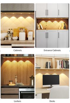 the different types of kitchen cabinets are shown in this image, including cupboards and shelves