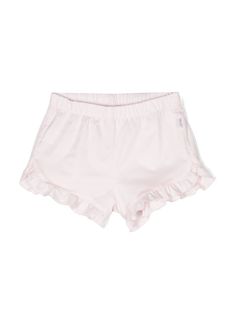 light pink stretch-cotton poplin texture logo tag elasticated waistband ruffle hem Cotton Bloomers With Ruffle Hem For Summer, Stretch Cotton Shorts With Ruffles, Stretch Cotton Ruffled Shorts, Stretch Cotton Ruffle Shorts, Stretch Ruffle Cotton Shorts, Cotton Ruffled Short Bloomers, Short Cotton Bottoms With Ruffles, Stretch Cotton Bottoms With Ruffle Hem, Casual Pink Cotton Bloomers