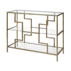 a glass and metal console table with shelves