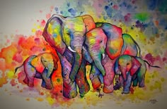 an image of three elephants painted in watercolor