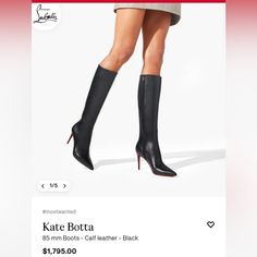 Kate Botta 85 Leather Knee-High Boots Color : Black Material : Calf Leather Heel Height : 85 Mm Collection : Fall Winter Like New With Dust Bag Size 36 = 6 Elegant High Heel Boots With Red Sole, Luxury Evening Boots Medium Width, Luxury Heeled Boots For Galas, Luxury Black Heeled Boots For Formal Occasions, Elegant Calf Leather Heeled Boots With Red Sole, Elegant Heeled Boots With Red Sole In Calf Leather, Black Heeled Boots With Red Sole For Formal Occasions, Luxury Medium Width Heeled Boots For Evening, Formal Black Heeled Boots With Red Sole