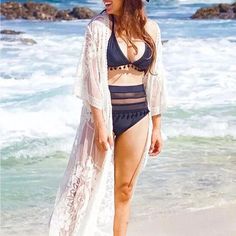 Women's Flowy Bathing Suit Kimono Cardigan Lace Crochet Swimwear Floral Cover Ups Open Front New Lace Swimwear, Cute Beach Outfits, Lantern Sleeve Top, Crochet Swimwear, Long Beach Dress, Floral Crochet, Swimsuits High Waisted, Crochet Trim, Beach Dresses