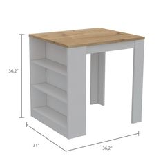 a white table with shelves on each side and measurements for the top shelf above it