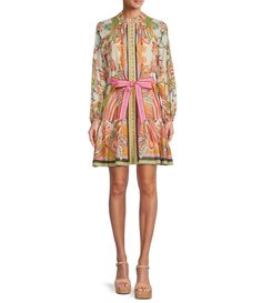 Antonio Melani Brynn Pink Scarf Border Print Mock Neck Long Sleeve Self-Tie Belted Tiered Hem Button Front Dress | Dillard's Antonio Melani Dress Dillards, Scarf Print Dress, Casual Wedding Guest Dresses, Contemporary Dresses, Pink Scarf, Mock Neck Long Sleeve, Accessories Style, Pink Scarves, Daytime Dresses